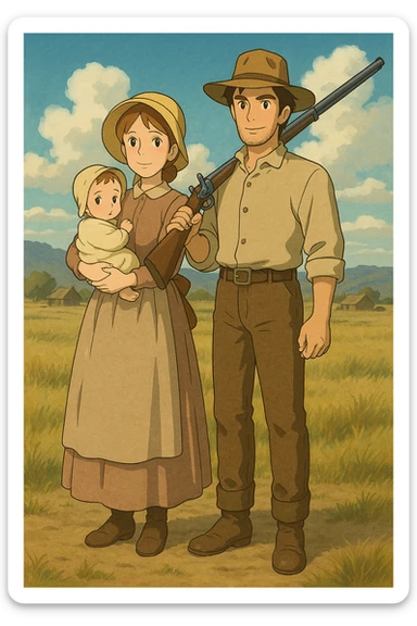 The full bodies of a young husband and wife who are pioneer settlers in the American West in the 1850s. The wife has a young child and the husband is carrying a rifle. sticker