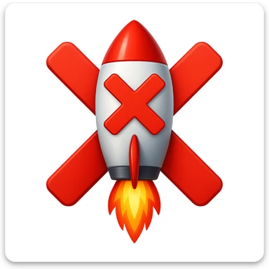 Make the X cross go from side to side, extending outside the rocket, in emoji style. The style should resemble apple style emojis with clear and concise design, focusing on the X cross extending beyond the rocket's sides. sticker