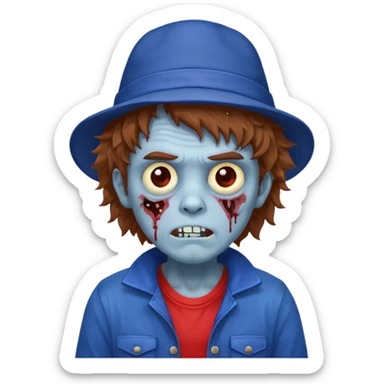 brown fluffy hair zombie with blue and white hat dark blue jilet red t shirt sticker