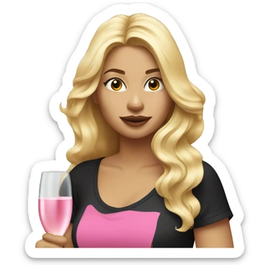 blonde lady with flowing hair drinking pink champagne and black t-shirt no cleavage sticker