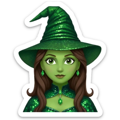 Elphaba from The Wizard of Oz with long brown hair, dark green sequin outfit, green skin sticker
