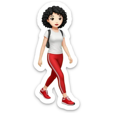 generate a pretty bratz fair skinned girl with curly black hair wearing a white tshirt trekking on a hill road with red sneakers on and black leggings.  Put a hill behind her sticker