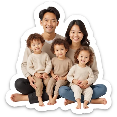 family photo with parents and three children posing closely, detailed lifelike features, soft neutral background, skeuomorphism style sticker
