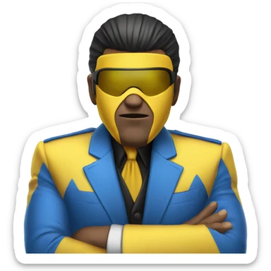 Invincible wearing a yellow and blue suit with black accents. He should have a distinctive yellow visor-style mask covering his eyes, shot black hair. sticker