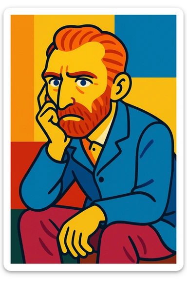 Van Gogh sitting and thinking, modern cartoon stylization, bright colors, prominent facial features sticker