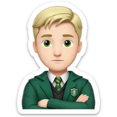 An adult man slightly to the side looking forward with crossed arms wearing the Slytherin uniform sticker