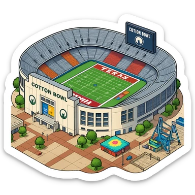 Изометричная, яркая, детализированная и фотореалистичная иллюстрация стадиона Cotton Bowl в стиле 3D-коллажей городов, насыщенные цвета, аккуратные и чёткие линии, мультяшно-реалистичная стилистика. Чёткие контуры, не размазанные линии, высокое качество, прозрачный фон, не обрезать края стадиона. sticker