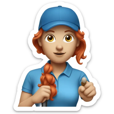 a female golf coach with red hair, blue shirt sticker