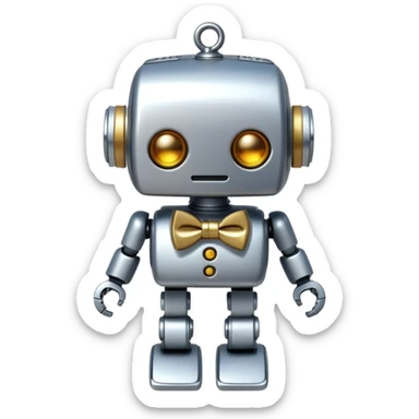 A tiny decorative robot charm with a bow tie, representing a non-essential AI accessory sticker