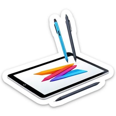 Computer graphics, digital art tools, graphic tablet, stylus, vibrant colors, smooth lines, modern design elements, minimalistic, on a white background, no extra details. sticker