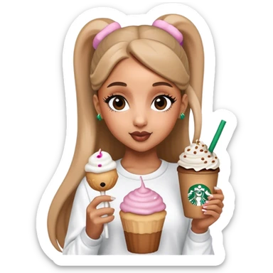 Ariana Grande holding a Starbucks cup and cake pop sticker