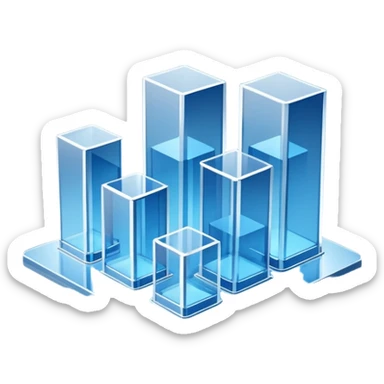 A minimalist 3D illustration of abstract glass buildings in blue tones, made of transparent glass-like materials with soft lighting and subtle reflections, isometric perspective, white background, futuristic architecture concept, volumetric light, clean render, high detail, no text sticker