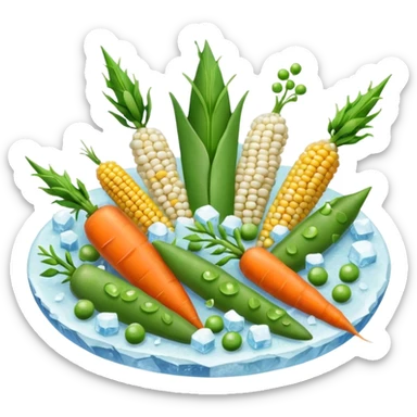 frozen mixed vegetables cluster with green peas, carrot cubes, corn kernels, green beans, frosty ice crystals, muted colors, firm texture, clean varied shapes, no bowl, bag, plate, or faces, clean 3D rendering, soft lighting, subtle shadows, transparent background, emoji scale sticker