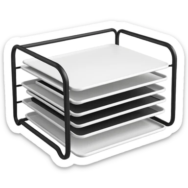 A minimal, clean emoji-style illustration of a white metal desk paper organizer tray, shown in slight isometric view so its structure is readable at a small scale. The organizer is rectangular with rounded corners, made of thin white metal wires, forming two to three stacked horizontal slots. sticker