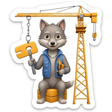  a joyful gray wolf sits on a tower crane and holds a saw in his hands sticker