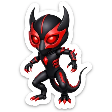 Black shiny alloy Cyber-Lombax-Fakémon-creature with dark black mask and shiny glowing neon red markings (full body) sticker