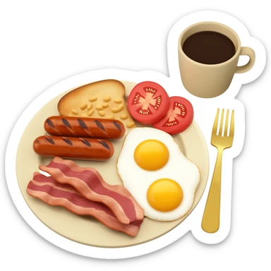 full English breakfast with two eggs, bacon, sausage, beans, toast, and tomato оn a beautiful light beige plate with a gold fork and beige cup of coffee side view sticker