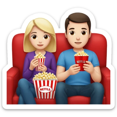 Crea un emoji dove si vedono un uomo e una donna mangiano i pop corn su un divano e guardano la televisione, nella televisione ci deve essere scritto netflix sticker