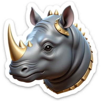 Cinematic Noble Rhinoceros Portrait Emoji, Poised and regal, with a massive, powerful build and a thick, armored hide of slate gray, deep-set soulful piercing eyes, Simplified yet sharp and sophisticated features, highly detailed, glowing with a soft, dignified glow, high shine, intelligent and formidable, stylized with an air of ancient might, focused and attentive, soft glowing outline, capturing the essence of a watchful and commanding behemoth, so majestic it feels as though it could charge out of the screen with effortless authority! sticker