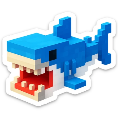 voxel style shark, open mouth, blocky, blue and silver, no background sticker
