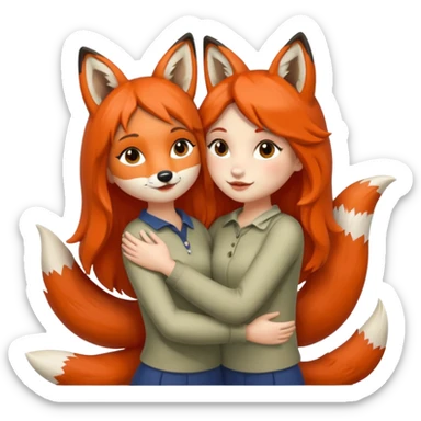 2 girls humans with fox heads hugging friendship forest sticker