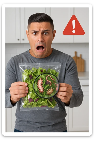 a man holds a bag of salad with both hands, his face frozen in shock as he looks at the contents. Inside the bag, exaggerated but realistic depictions of parasites and bacteria are visible, some highlighted with a magnifying glass overlay. The background is a clean kitchen, and a warning sign appears in the corner to reinforce the message about food safety. sticker