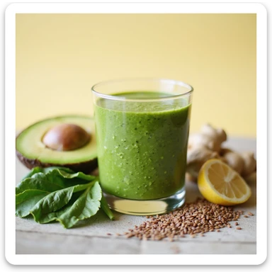green smoothie in a transparent glass, visible ingredients next to it: spinach, avocado, ginger, flax seeds, lemon, healthy atmosphere, realistic details, bright background sticker