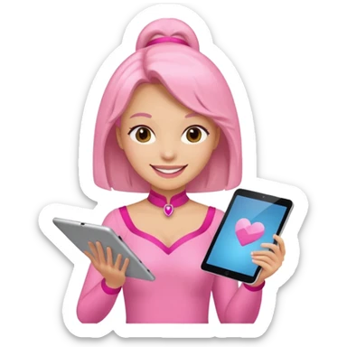 woman with pink costume with tablet sticker