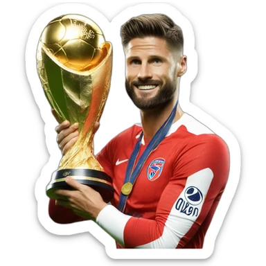 Olivier Giroud holding Champions League trophy sticker