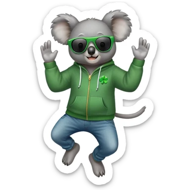 anthropomorphised koala, full body, wearing a hoodie and jeans, dark sunglasses, headphones, dressed for St. Patrick's Day, jumping sticker