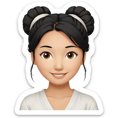 medium tan asian woman with long black hair tied in a high messy bun, round brown eyes, white v neck blouse. shes smiling and friendly. sticker
