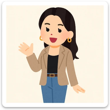 Kendall Jenner in Irasutoya style, cheerful expression, fashionable outfit, simple cartoon look, soft pastel colors, plain background sticker