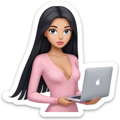 Glamours, tanned, very beautiful girl, with big pump peach-beige-rose lips, long lashes, black straight smooth silky long hair, straight parting hair, blue-grey eyes, in light-pink v-neck bodysuit holding MacBook sticker