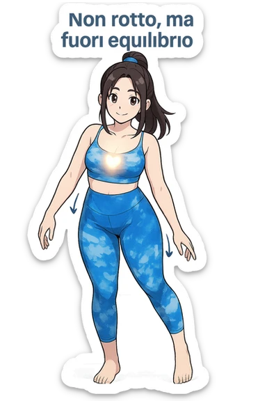 stile manga a woman stands in a relaxed pose, with a gentle, confident expression. Her body is shown with subtle, curved lines or arrows indicating areas of imbalance (such as a slight tilt in the shoulders or hips), but no signs of injury or damage. A soft glow or heart symbol at her core emphasizes resilience and the message “Non rotto, ma fuori equilibrio” The background is clean and clinical, with light blue tones. sticker