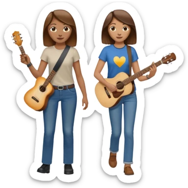 based on emoji style, like this "💁🏻‍♀️" "💁🏽‍♂️" "💁🏻", two people walking together. one is brown-haired woman, wearing business casual, holding a guitar. Another one is a non-binary person, wearing t shirt and jeans, and the second person doesn't have anything on their hands. sticker