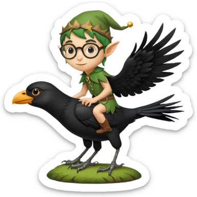 tiny forest elf with round glasses riding crow sticker