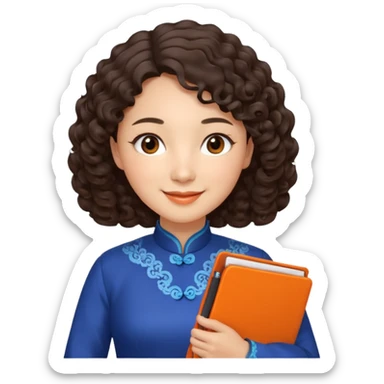 Teacher emoji but : curly/wavy dark brown hair, light skin, no glasses, dark eyes, with a computer folder in the hand (color is orange), being a teacher, wearing a chinese qipao ( dark blue)

 sticker