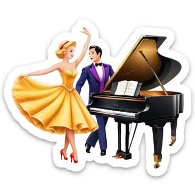 A vintage movie poster-style design featuring musical notes, a shining spotlight, and performers in glamorous costumes. Include elements like a dancing couple, a grand piano, and colorful stage lights. Retro cinematic flair with a lively and joyful atmosphere. Transparent background. sticker
