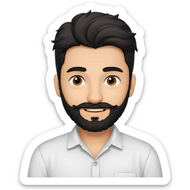 young fair skin Pakistani man smiling with black beard, wavy hair pushed back and squinted eyes and thick eyebrows sticker