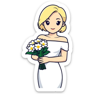 blonde woman in a white off-shoulder dress with a bouquet of white flowers in a white bag in her right hand sticker