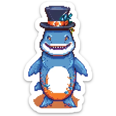 pixel art shark, blue, with a tall tophat sticker