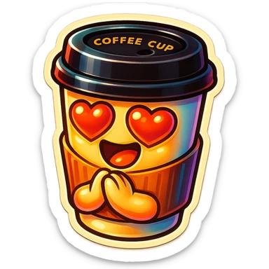 Ink wash style, coffee cup creature, big heart eyes, dopey smile sticker