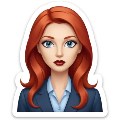 Rousse cheveux long, yeux bleu gris lèvre pulpeuse femme d’affaire make up contouring lèvre marron et sourcils épais  sticker