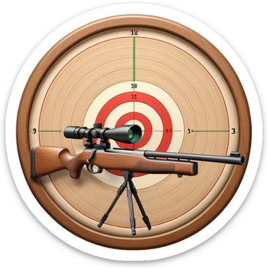 A detailed rifle with a scope, pointing towards a perfectly centered target with concentric rings. The scene highlights the precision and focus required in sports shooting, with no shooter in sight, just the rifle and target in a calm, focused setting. sticker
