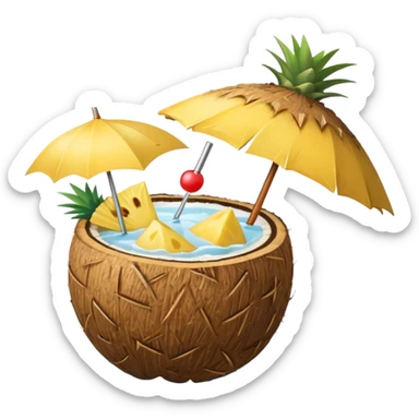 A tropical cocktail served in a coconut shell with a mini umbrella and pineapple.
 sticker
