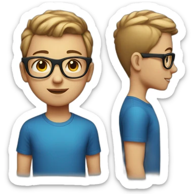 white young boy with blue glasses, short hair, shaven on both sides, and black t-shirt with red and black squared shirt on top sticker