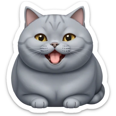 Cinematic Cute Chubby Grey British Shorthair Cat Portrait Emoji, Head tilted playfully and yawning, round and plump body with sleek soft grey fur and subtle blue undertones, Simplified yet adorable features, highly detailed, glowing with a warm, friendly glow, high shine, curious yet calm, stylized with a touch of whimsy, bright and endearing, soft glowing outline, capturing the essence of a mischievous yet loving and lazy kitty, so cute it feels like it could stretch out of the screen and cuddle! sticker