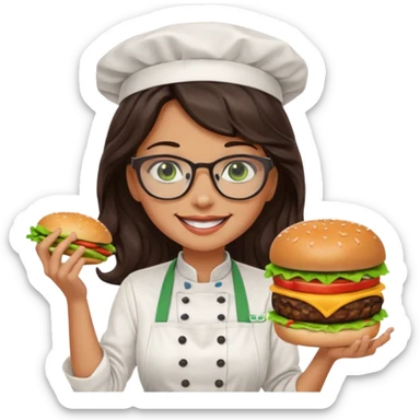 A female chef with glasses, dark brown long wavy hair, Green eyes and cooking a burger sticker
