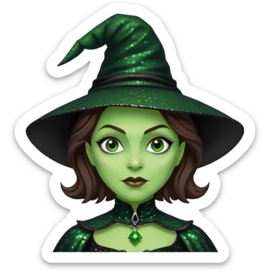 The Wicked Witch from Oz with green skin, brown hair, black sequin outfit sticker