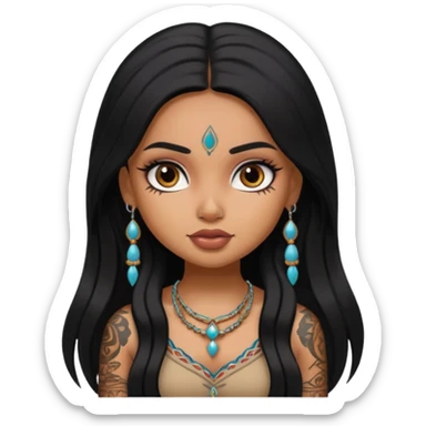an ios genmoji for a pretty bratz indian girl with black long hair  tattooed, beautiful girl sticker
